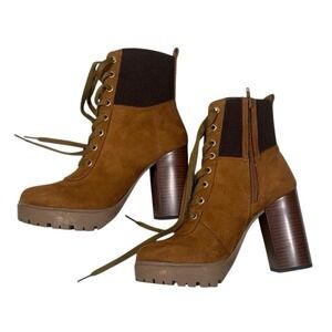 Women's Brown Suede Lace Up Chunky Heel Platform Combat Boots